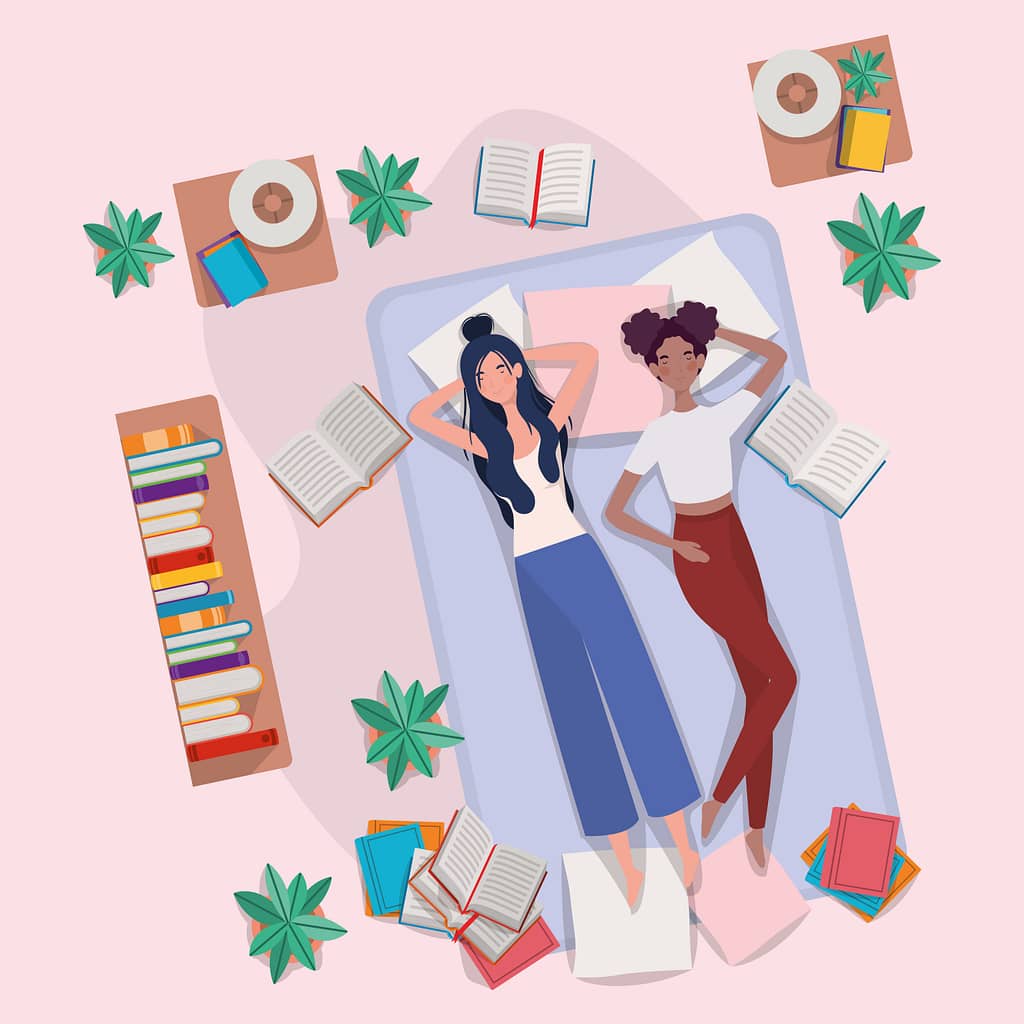 interracial women relaxing in mattress in the bedroom vector illustration design