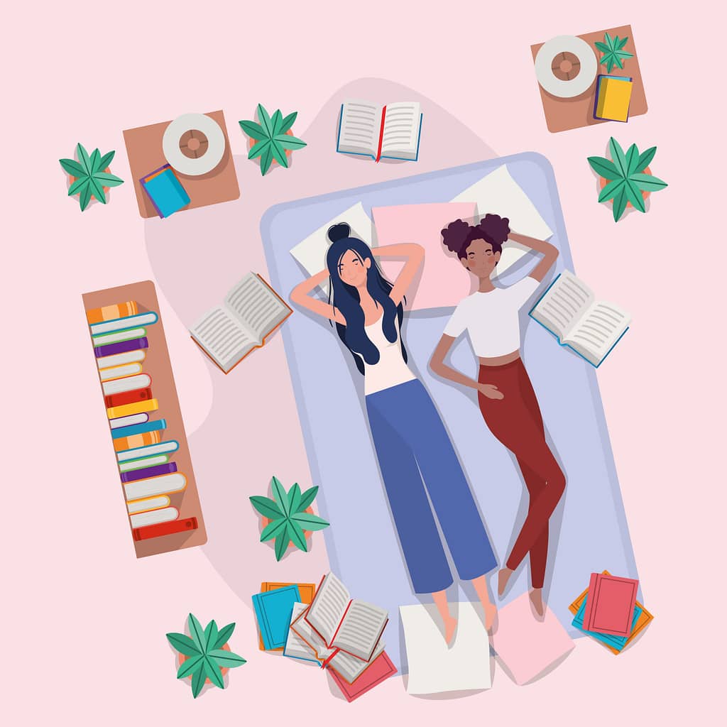 interracial women relaxing in mattress in the bedroom vector illustration design
