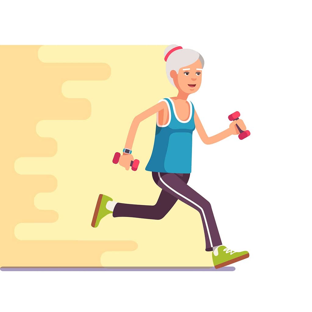 Fit elderly woman jogging with dumbbells in hands. Flat style modern vector illustration.