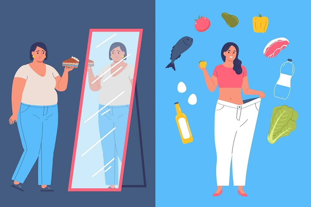 Healthy life design concept with fat woman holding peace of cake and thin woman trying healthy foods flat vector illustration: 3 months low carb before and after