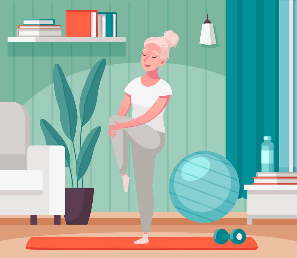 Elderly senior people home activities cartoon composition with old lady stretching legs on fitness mat vector illustration