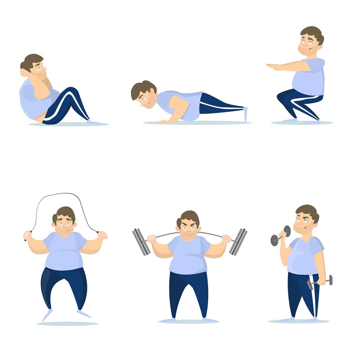 Fat man training set on white background. Jumping, squats and push ups - 4-week workout plan for weight loss male