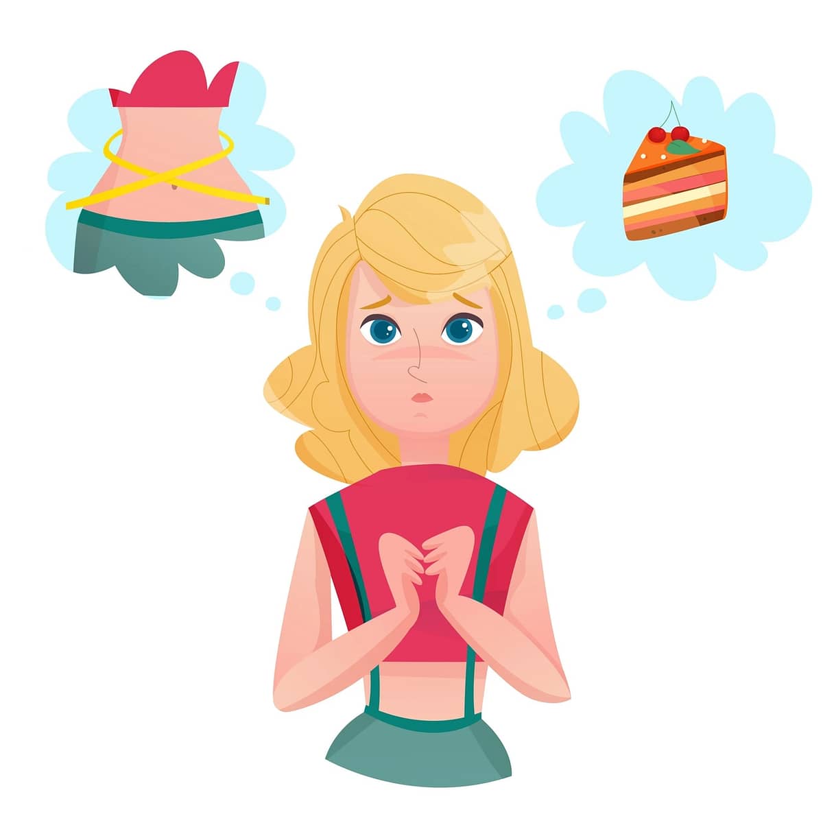 Young lady cartoon character dieting to loose weight dreaming of cake and slim figure temptation emotions vector illustrations