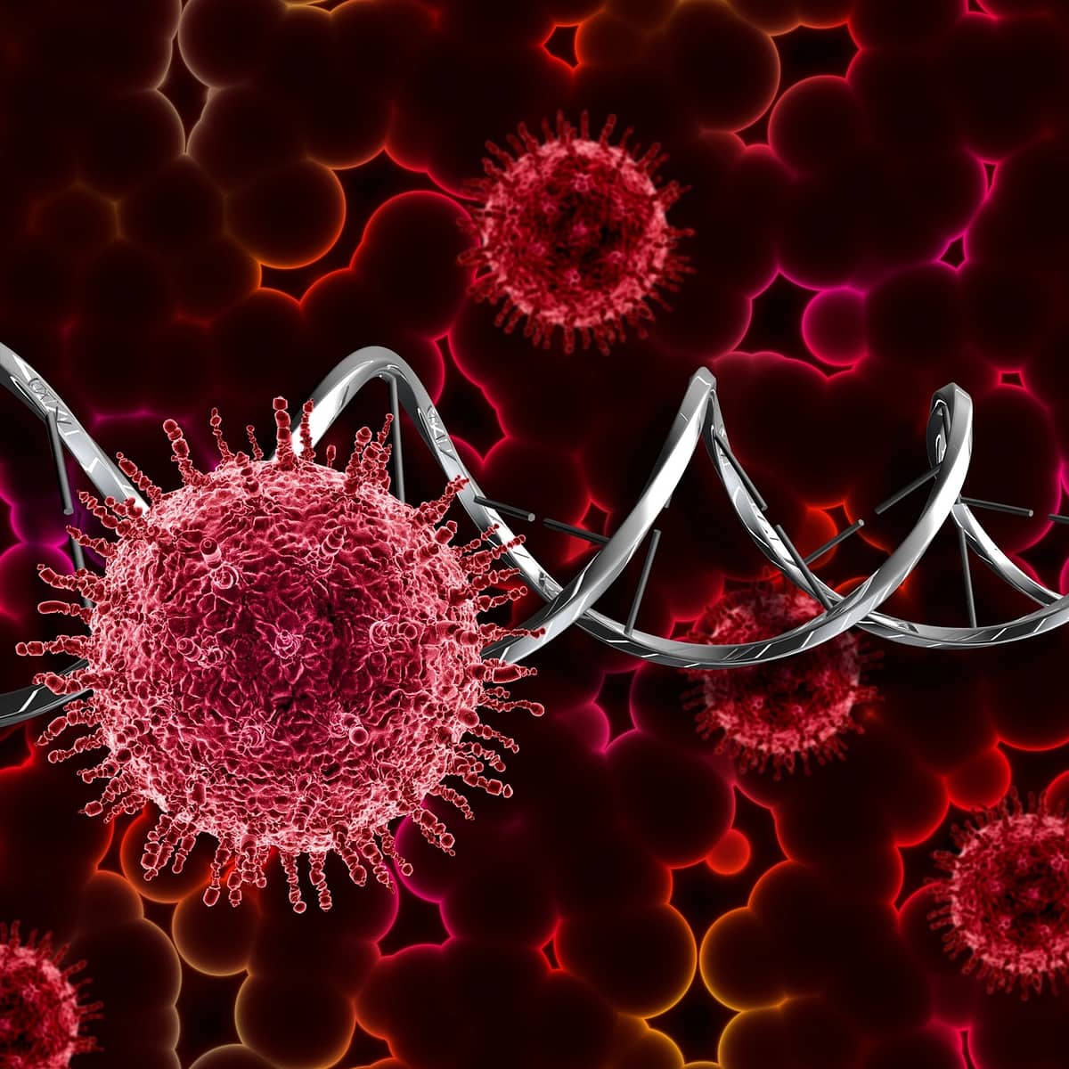 3D render of a medical background with virus cells and DNA strand