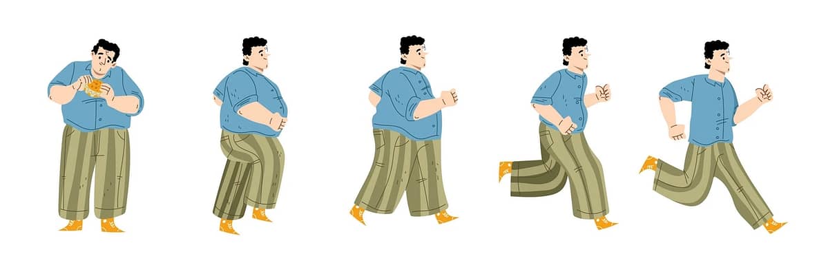Fat man eat hamburger, start running and loss weight. Person with overweight jogging and get healthy slim body. Concept of diet, exercises and activity for health, vector flat illustration