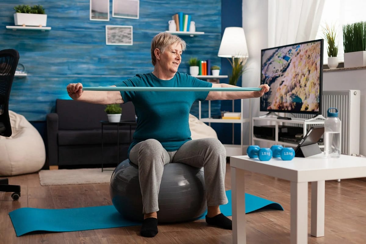 Retired senior woman sitting on fitness swiss ball in living room doing wellness fitness