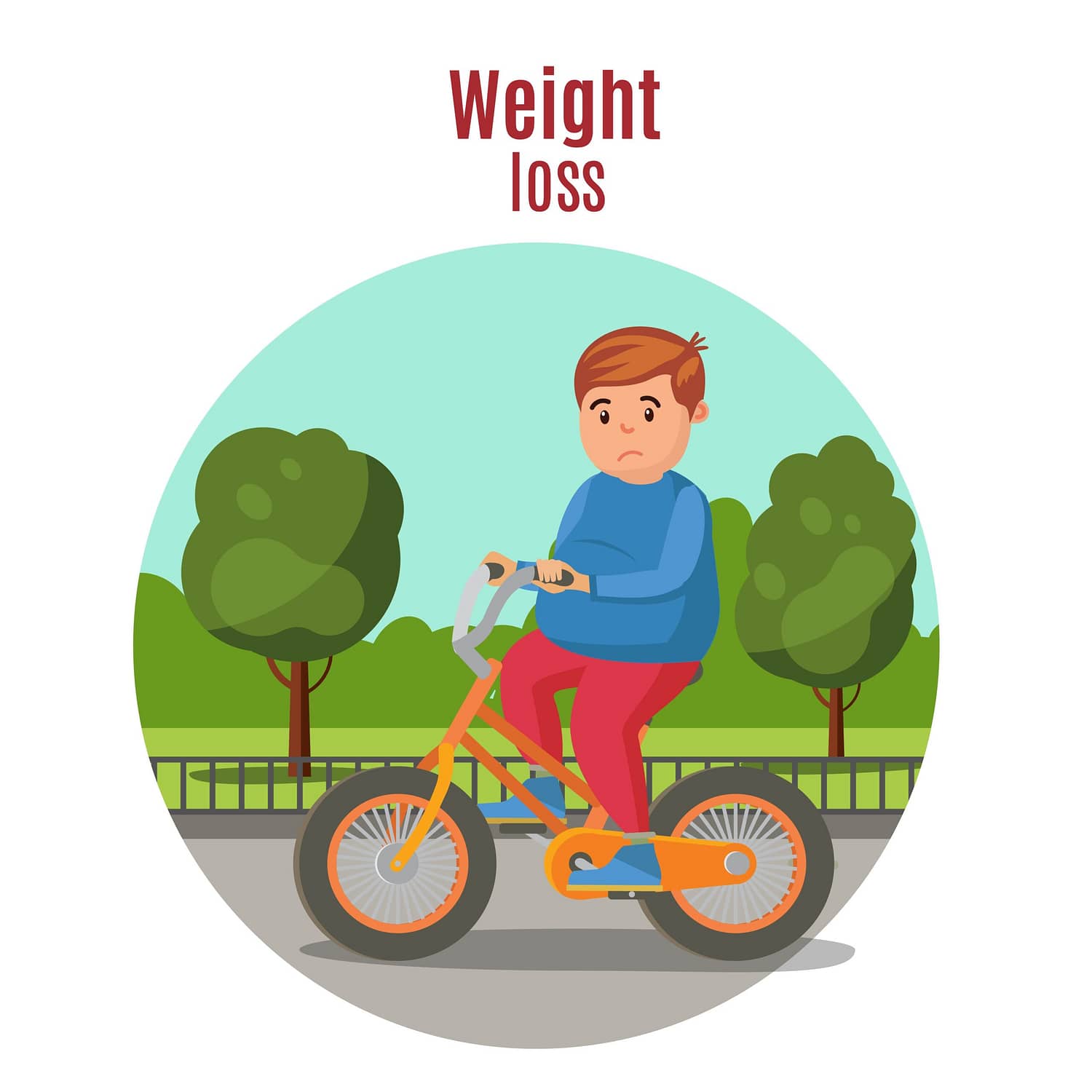 Weight loss colorful concept with fat sad man riding bicycle in city park vector illustration