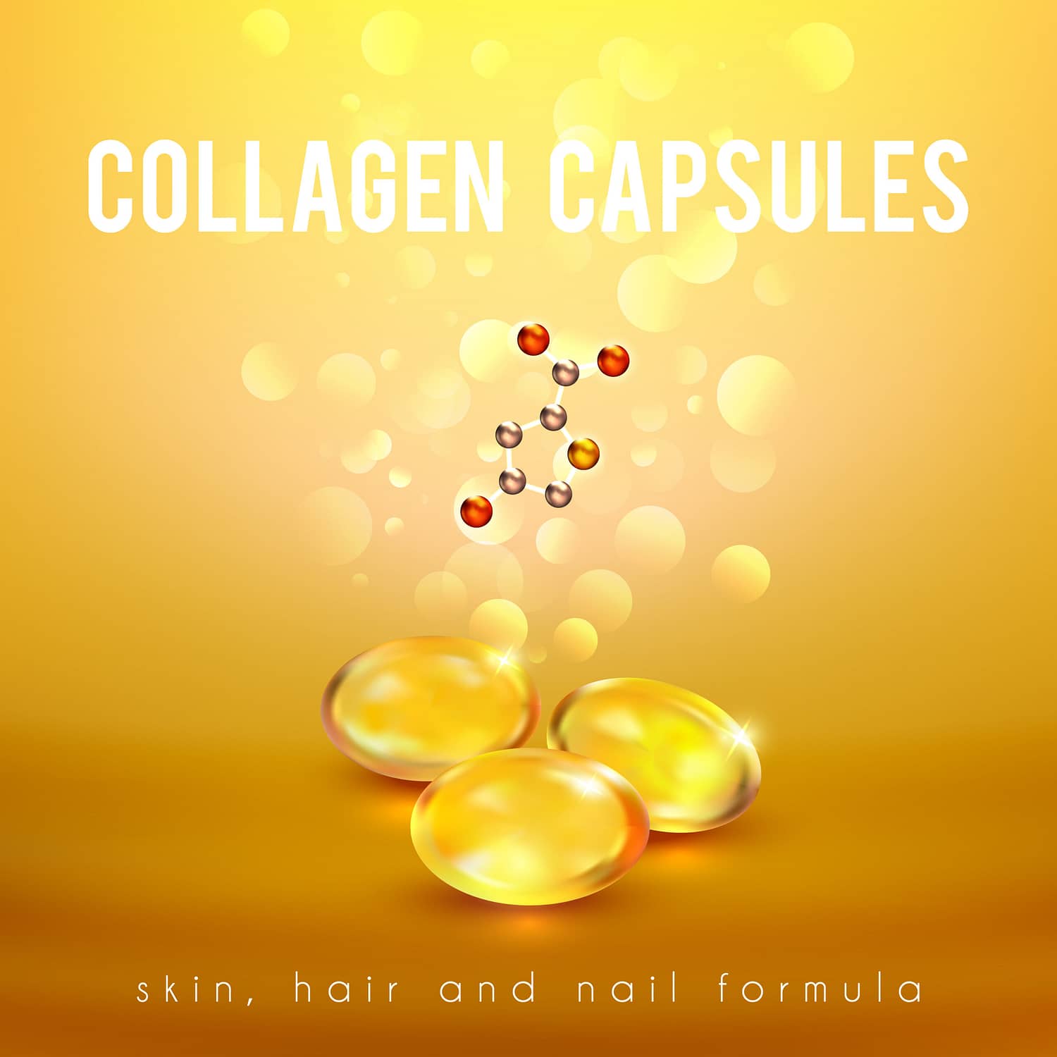Collagen capsules for strong long hair and nails supplement formula advertisement golden background poster abstract vector illustration