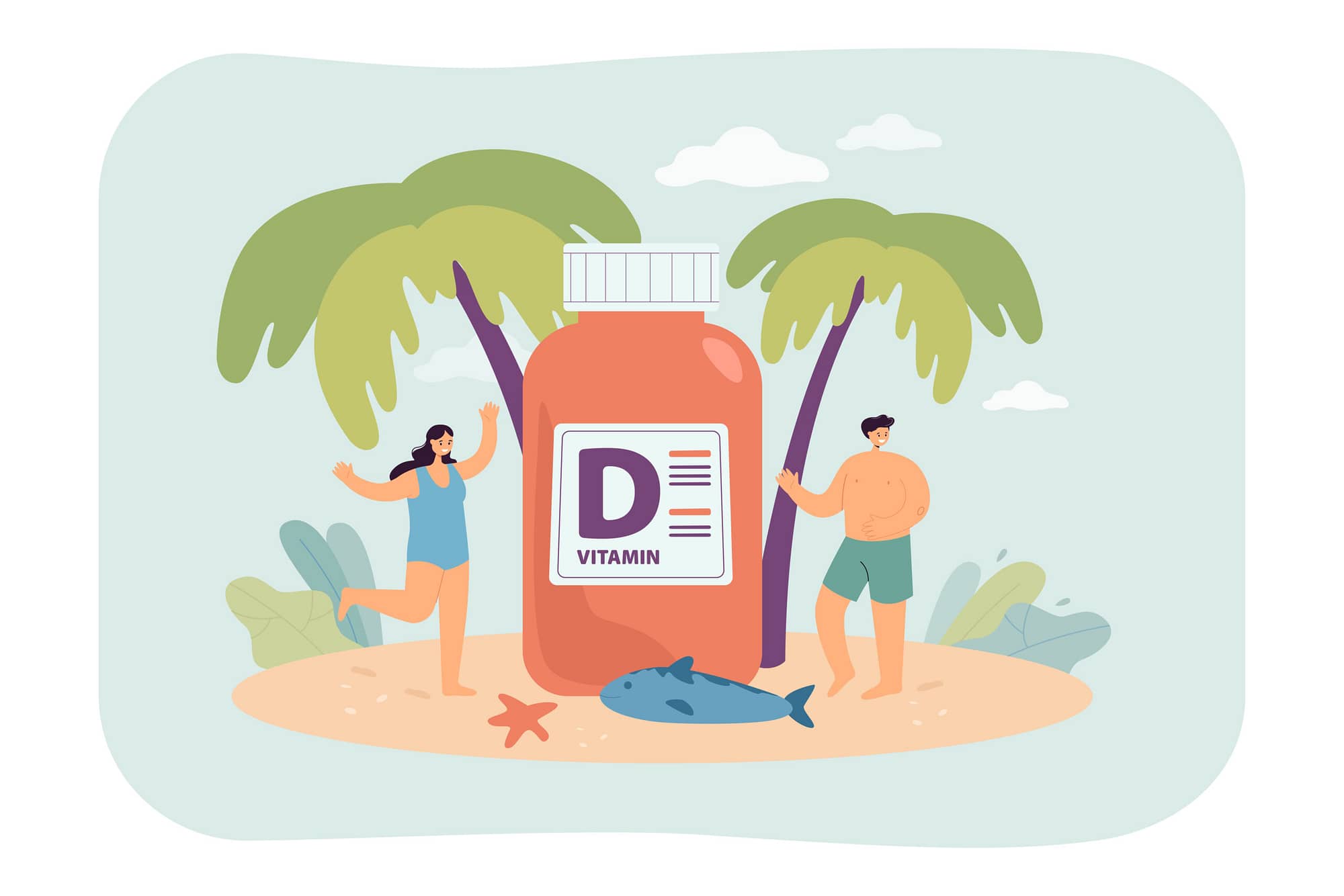 People on beach with huge vitamin D supplement. Sun and nutrients for good skin flat vector illustration. Health, pharmacy, deficiency concept for banner, website design or landing web page