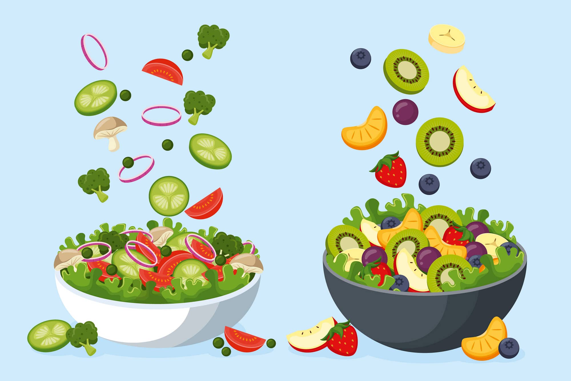 vector fruit and salad in bowls