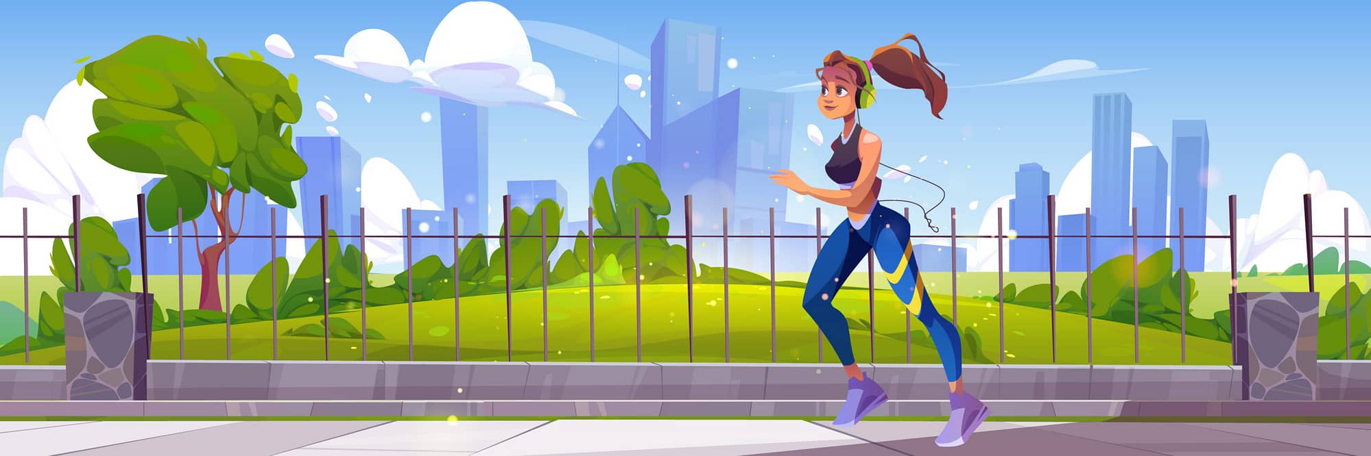 Woman jogging in city park. Fit girl in headset gain sports running activity, outdoor summer exercising, marathon. Healthy lifestyle, workout athlete sportswoman jog, Cartoon vector illustration