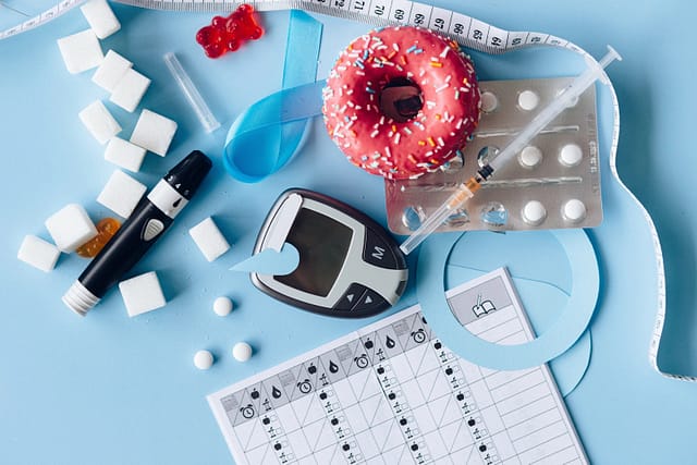 diabetes measuring instruments on table with a donut