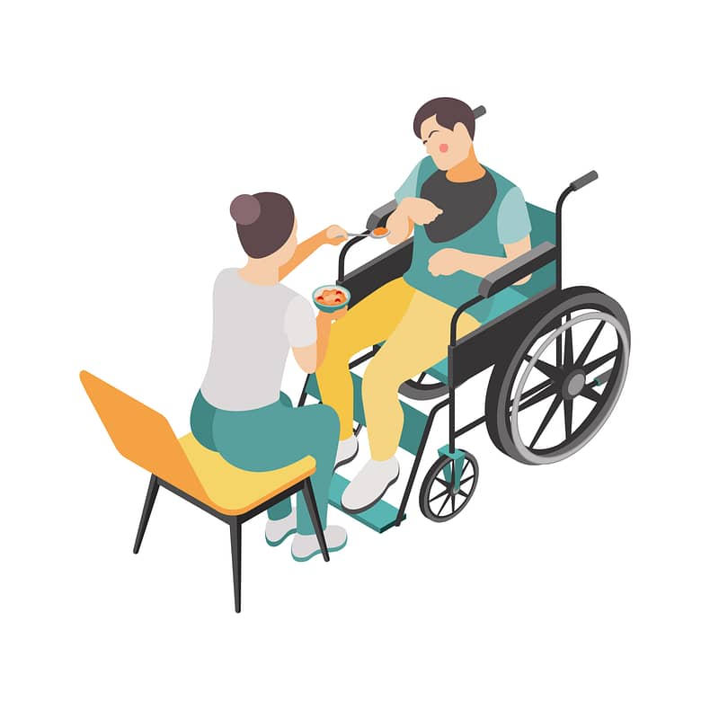 Disabled people isometric icon with woman helping man with cerebral infantile palsy in wheelchair vector illustration
